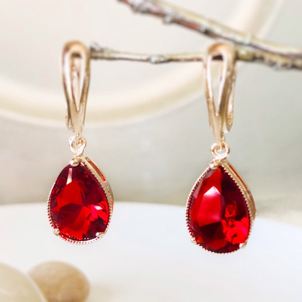 Ruby teardrop dangle earrings, July  birthstones, red gemstone earrings, gift for her, gift for mom