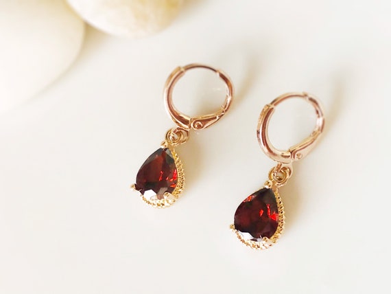 Buy Garnet Teardrop Gemstone Huggie Dangle Earrings Small Red Online in  India  Etsy