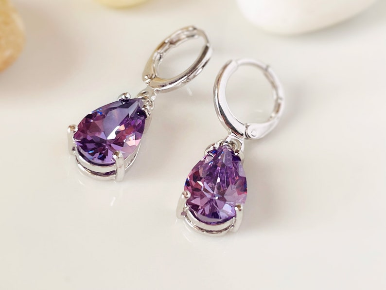 Amethyst teardrop dangle earring in 14k gold, February birthstones, purple gemstone earrings, gift for her, gift for mom image 6