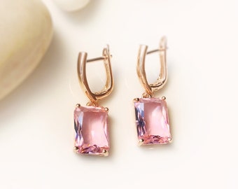 Large emerald cut pink sapphire dangling earring in 14K rose gold, October birthstone, pink gemstone earrings, gift for mom, gift for her