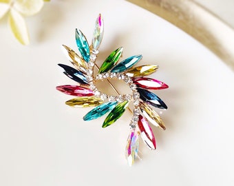 Multicolored crystal bouquet brooch pin, rainbow fancy crystal brooch, crystal statement brooch, gift for her, gift for mom