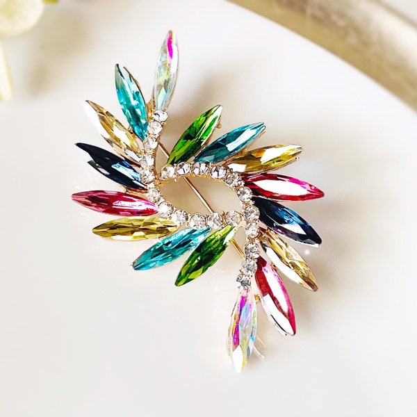 Multicolored crystal bouquet brooch pin, rainbow fancy crystal brooch, crystal statement brooch, gift for her, gift for mom