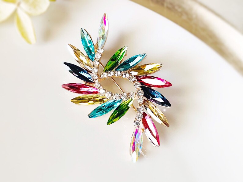 Multicolored crystal bouquet brooch pin, rainbow fancy crystal brooch, crystal statement brooch, gift for her, gift for mom image 1