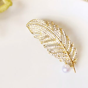 Pearl crystal pave feather brooch pin white gold plated, crystal feather silver brooch, wedding bouquet brooch, gift for her, gift for mom Gold