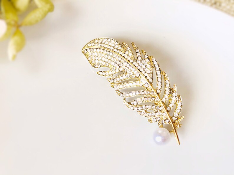 Pearl crystal pave feather brooch pin white gold plated, crystal feather silver brooch, wedding bouquet brooch, gift for her, gift for mom Gold