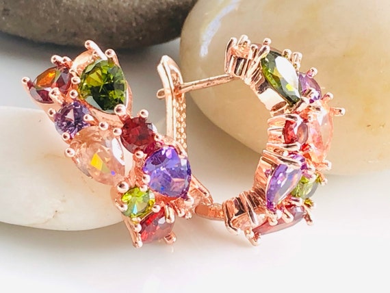 Multicolored Gemstone Hoop Earrings in 14K Rose Gold, Rainbow Gemstone  Statement Hoop, Gift for Mom, Gift for Her - Etsy