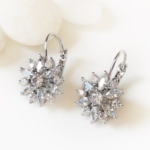 White sapphire flower leverback earrings 18k white gold, bridal earrings, gift for her, gift for mom, April birthstone