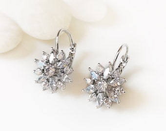 White sapphire flower leverback earrings 18k white gold, bridal earrings, gift for her, gift for mom, April birthstone