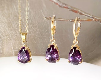 Amethyst 2pc jewelry set, purple teardrop gemstone dangle earring necklace set, gift for her, for girl, February birthstone, bridal jewelry