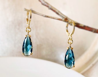 London blue topaz teardrop dangling earring gold, December birthstone, elongated blue gemstone earrings, gift for her, gift for mom