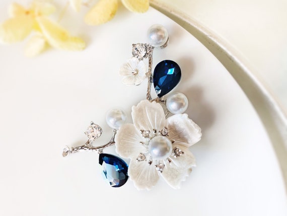 KikiJewelerBoutique Blue Sapphire Pearl Flower Brooch