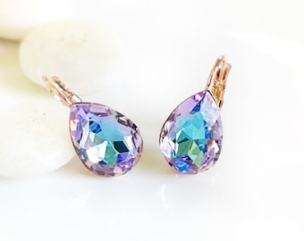 Mystic amethyst fancy crystal teardrop earrings, lavender blue color earrings, fancy crystal studs, gift for mom, gift for her