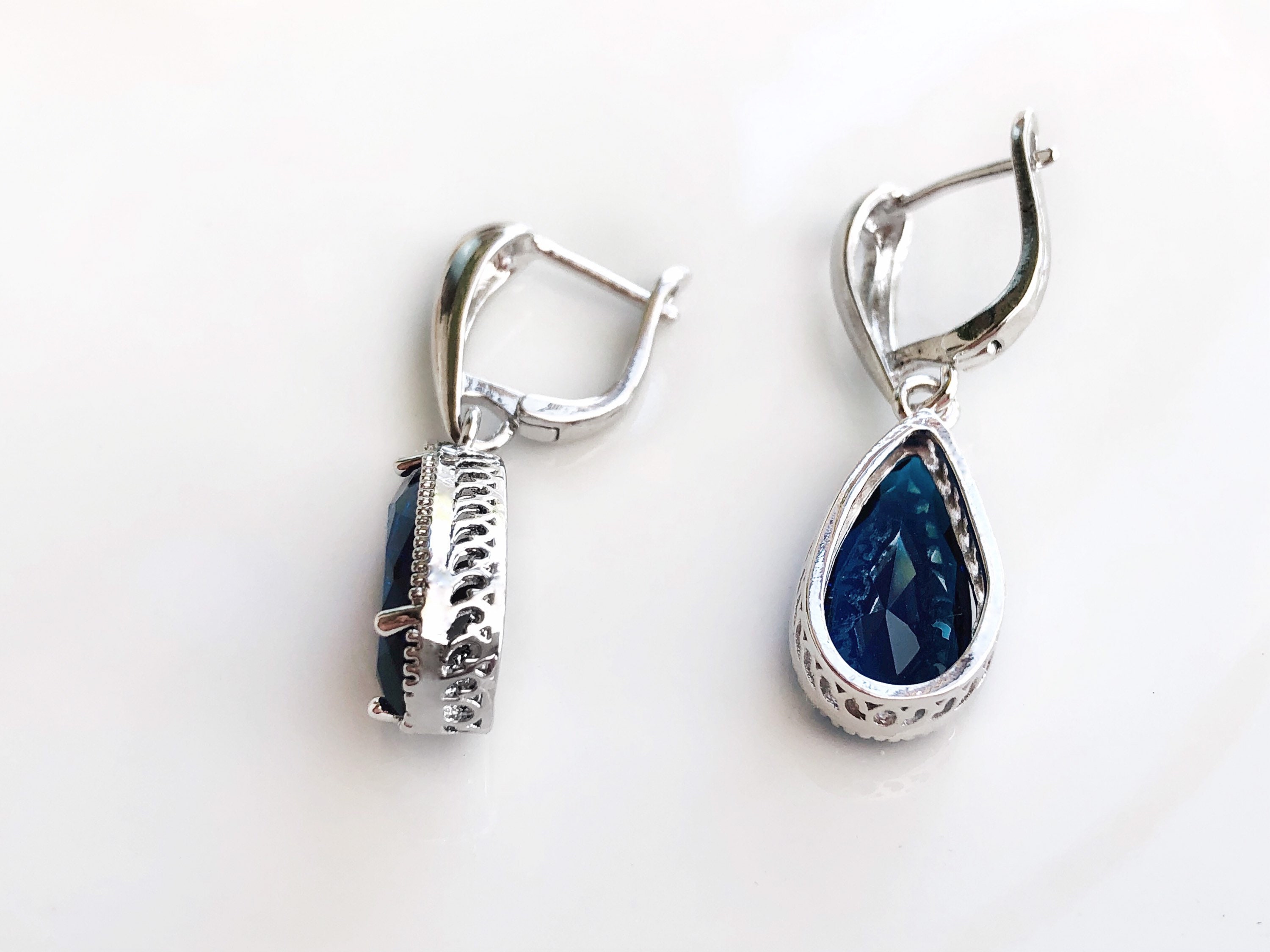 Pear Shaped Sapphire Dangling Earring in 18k WG Filled Blue - Etsy