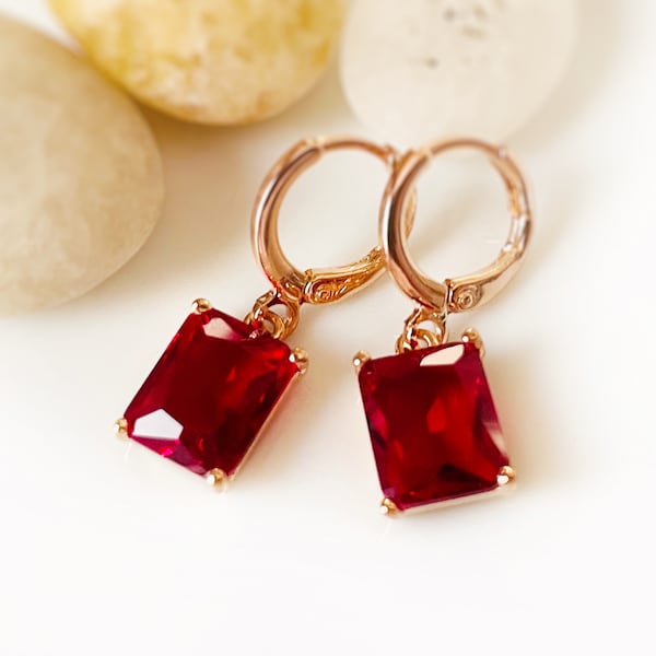 Small emerald cut ruby dangle earring, red gemstone drop earrings, July birthstone, gift for her, gift for daughter, Christmas gift