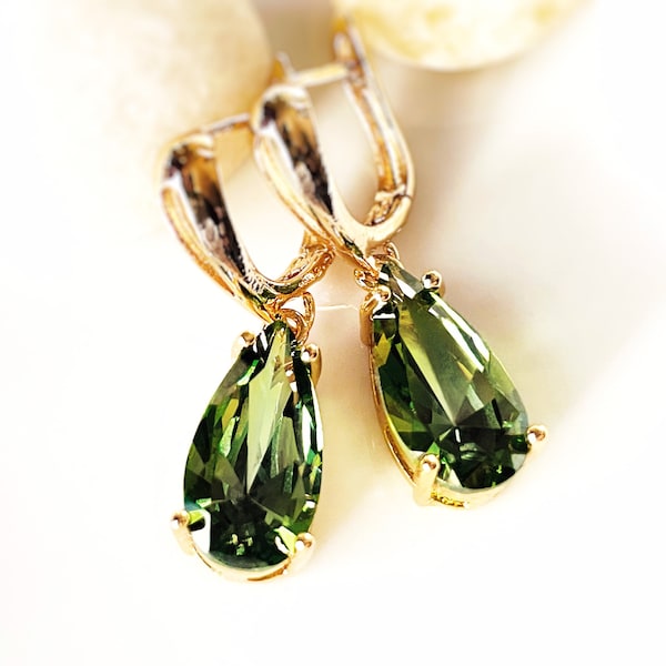 Peridot teardrop dangle earrings, olive green gemstone earrings, gift for her, gift for mom, August birthday gift