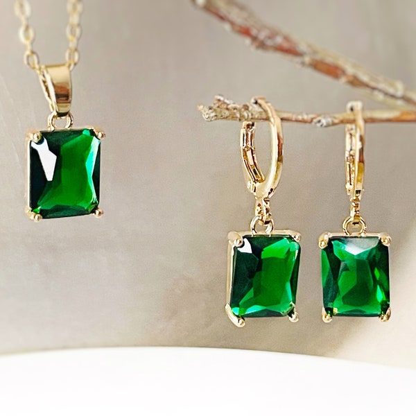 Small emerald cut 2pc jewelry set, emerald green gemstone earring necklace, rectangular dangle, gift for her, gift for girl, May birthstone
