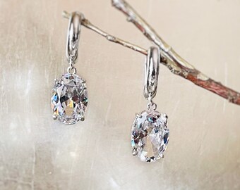 Large cushion cut white sapphire dangling earring in 18K white gold, gift for her, gift for mom, bridal earrings, April birthstone