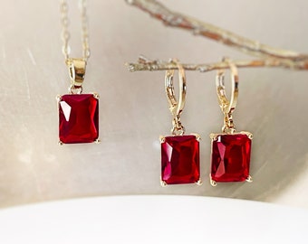 Small emerald cut ruby 2pc jewelry set, red gemstone earring necklace set, rectangular dangle, gift for her, gift for girl, July birthstone
