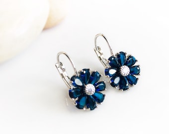 Sapphire daisy dangle earrings, blue sapphire flower earrings, September birthstone earring, gift for mom, gift for her