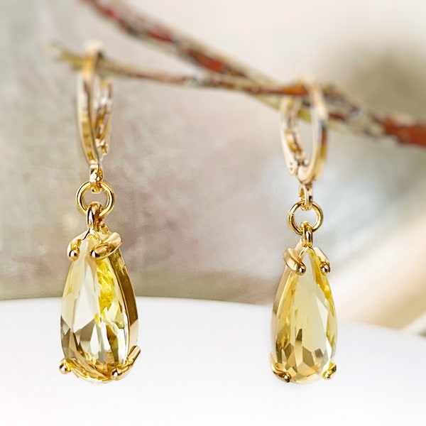 Teardrop citrine huggie dangle earrings gold, elongated yellow gemstone teardrops, gift for her, November birthstone earrings