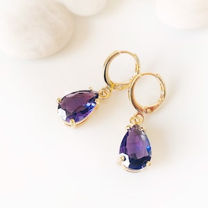 Amethyst teardrop dangle earring in 14k gold, February birthstones, purple gemstone earrings, gift for her, gift for mom image 2