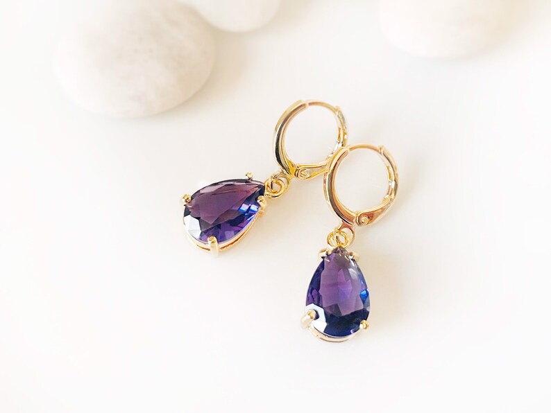 Amethyst teardrop dangle earring in 14k gold, February birthstones, purple gemstone earrings, gift for her, gift for mom image 2