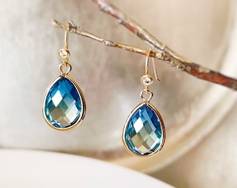 Bicolor saffier drop oorbellen in 14K goud, Geel blauwe saffier druppel kristal druppel oorbellen, bruid sieraden, bruidsmeisjes oorbellen