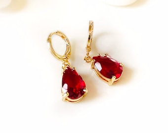 Teardrop ruby gemstone huggie dangle earrings, July birthstones, teardrop red gemstone earrings, bridesmaids earrings, gift for her