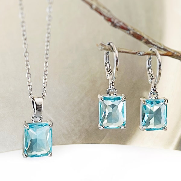 Aquamarine 2pc jewelry set, light blue small emerald cut gemstone dangle earring necklace set, gift for her, March birthstone, bridal gift