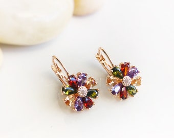 Multicolored daisy earring in 14K rose gold, rainbow gemstone flower earrings, gift for mom, gift for her