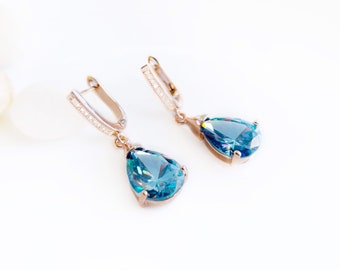 London blue topaz gemstone dangling earring in 14K rose gold, bridal earrings, gift for her, gift for mom, December birthstone