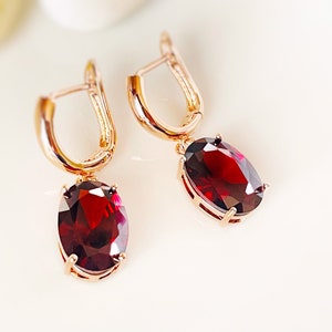 Large cushion cut garnet dangling earrings, dark red gems drop earrings, for her, gift for mom, bridal earrings, January birthstone