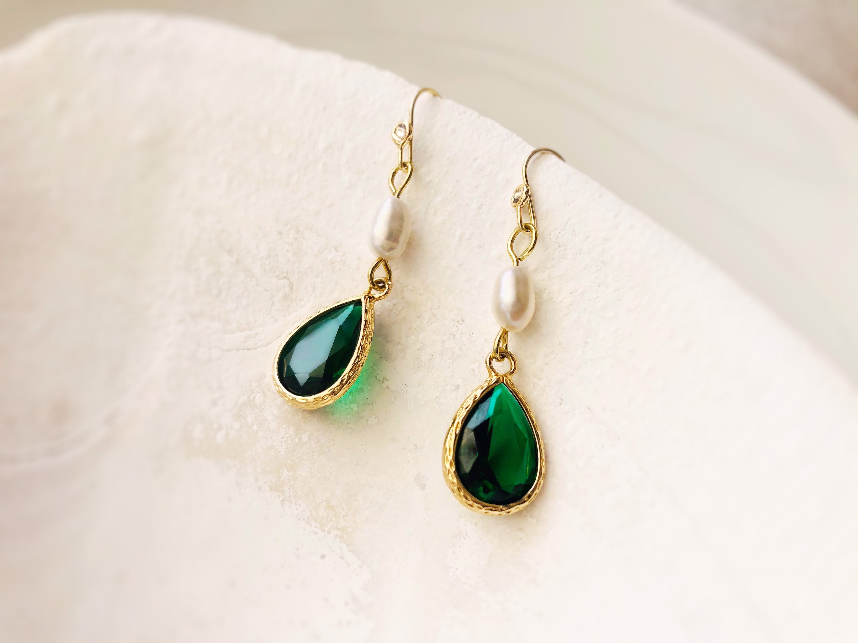 Emerald crystal pearl long dangle earrings in 14K gold bridal Etsy