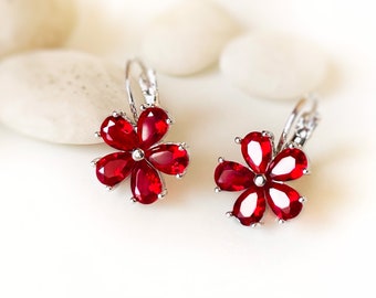 Ruby red flower lever back dangle earrings, red gemstone flower drop earrings, July birthstone earrings, gift for her, gift for mom