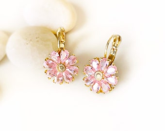 Pink sapphire flower dangle earrings, pink gemstone daisy flower earrings, October birthstone earring, gift for mom, gift for her