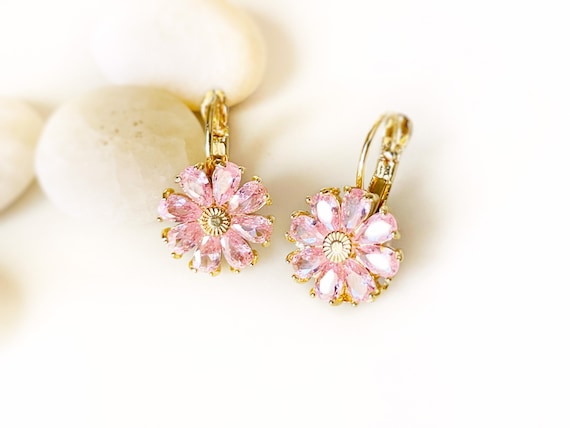 Pink Sapphire Flower Dangle Earrings Pink Gemstone Daisy Flower