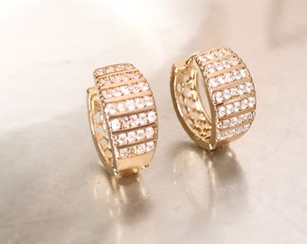 Pave white sapphire hoop earrings in 14K yellow gold, gift for her, gift for mom