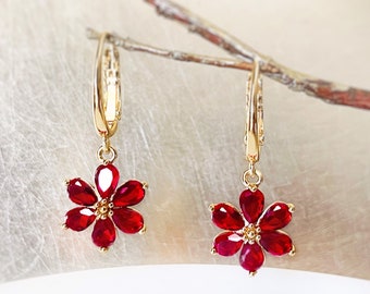 Ruby flower dangle earrings in 14k gold, red flower gold drop earrings, July birthstone earrings, gift for mom, gift for her