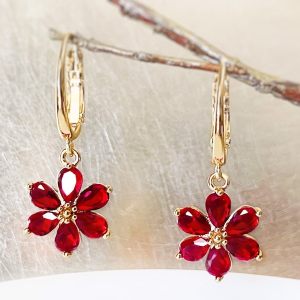 Ruby flower dangle earrings in 14k gold, red flower gold drop earrings, July birthstone earrings, gift for mom, gift for her