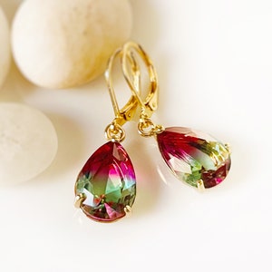 Bicolor green tourmaline dangle earrings, blue green teardrop earrings, gift for her, gift for mom Pink/Green