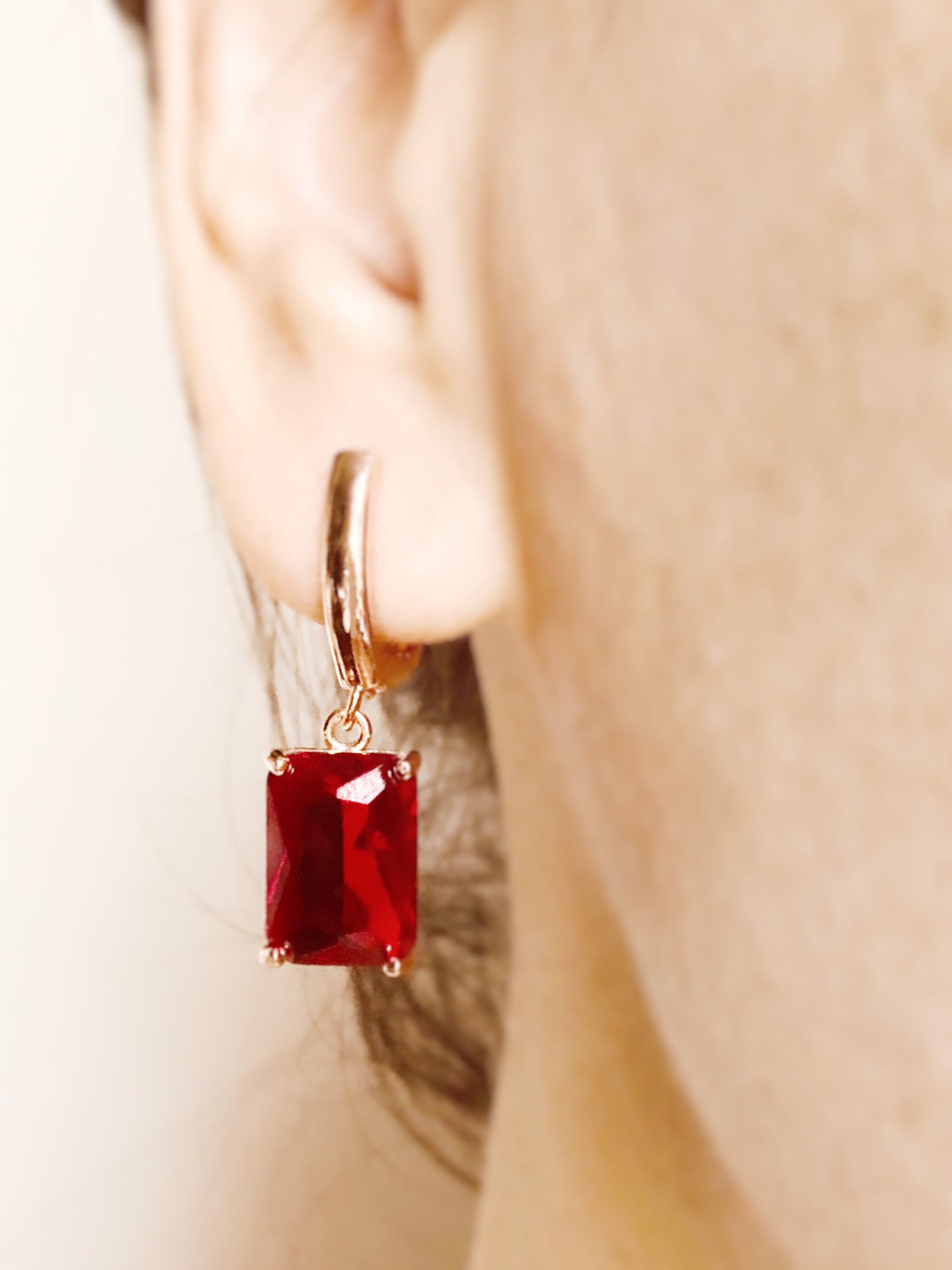 Large emerald cut ruby dangling earring in 14K rose gold | Etsy