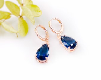 Sapphire teardrop dangle earrings, September birthstone, navy blue gemstone earrings, gift for her, gift for girl, bridesmaids gift