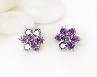 Small amethyst flower stud earrings, small purple gemstone cluster floral studs, January birthstone, gift for women, gift for girls