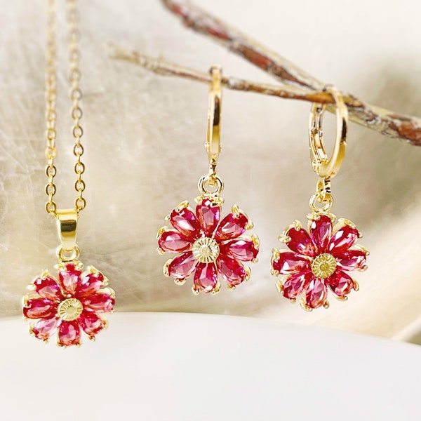 Pink tourmaline daisy 2pc jewelry set, pink gemstone flower dangle earrings, pink  gem flower earrings necklace gift set, October birthstone