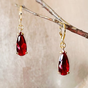 Teardrop garnet gemstone huggie dangling earrings gold, elongated dark dark red gemstone drop earrings, gift for her, January birthstone image 1