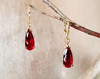 Teardrop garnet gemstone huggie dangling earrings gold, elongated dark dark red gemstone drop earrings, gift for her, January birthstone