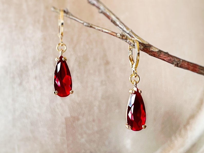 Teardrop garnet gemstone huggie dangling earrings gold, elongated dark dark red gemstone drop earrings, gift for her, January birthstone image 1