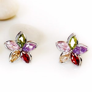 Multicolored flower stud earrings white gold, rainbows gemstone flower earrings, gift for her, gift for daughter
