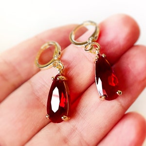 Teardrop garnet gemstone huggie dangling earrings gold, elongated dark dark red gemstone drop earrings, gift for her, January birthstone image 3