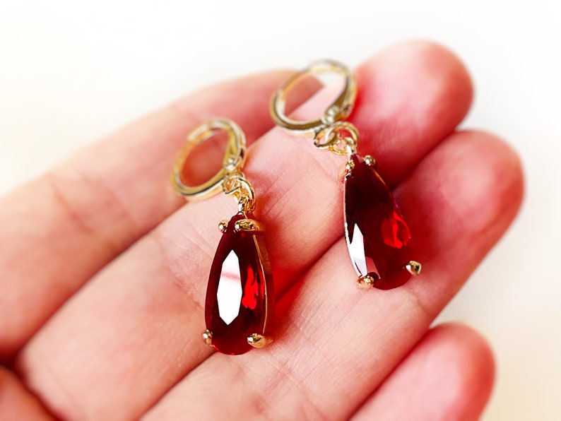 Teardrop garnet gemstone huggie dangling earrings gold, elongated dark dark red gemstone drop earrings, gift for her, January birthstone image 3